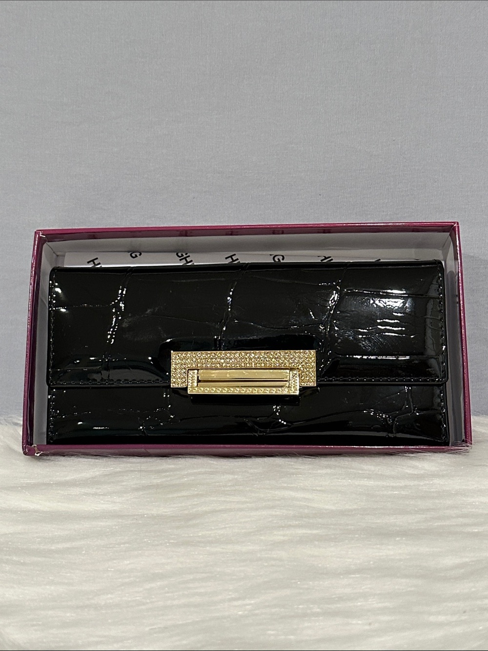 Patent Leather Black Croc-Embossed Wallet with Gold Crystal Clasp New In Box
